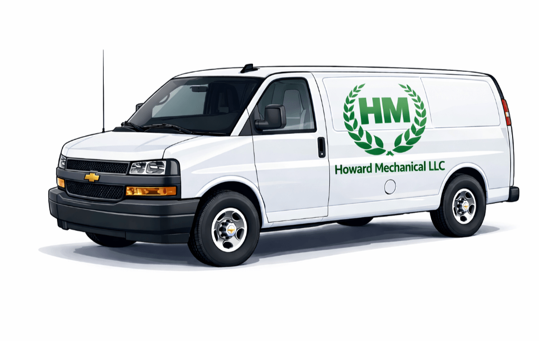 hite Chevrolet van with "Howard Mechanical LLC" and a logo displayed prominently on the side