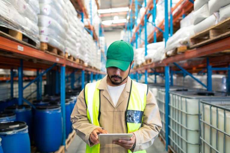 Warehouse worker in safety gear uses a tablet